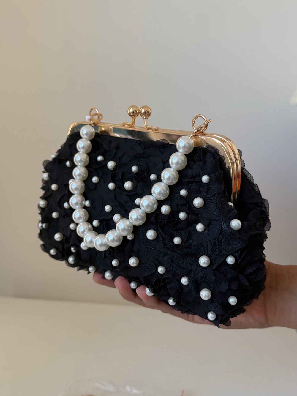 Pearl-Embellished Black Evening Clutch with Gold Frame